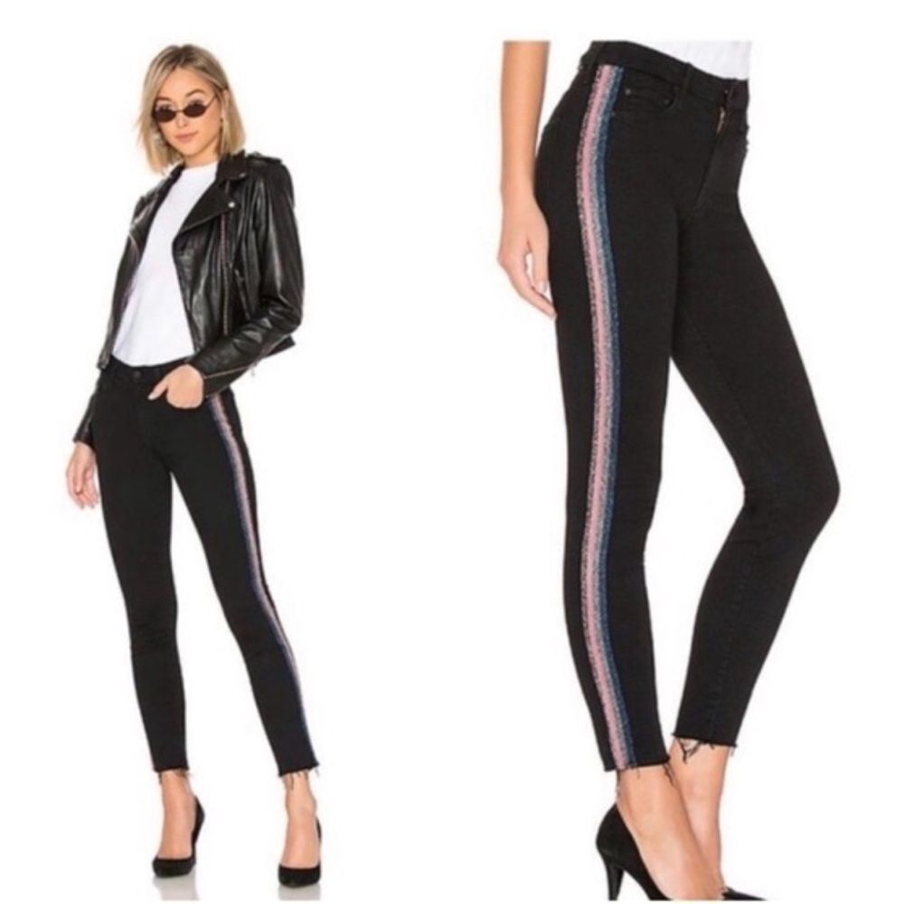 MOTHER High Waisted Looker Ankle Fray Guilty Glitter Racer Stripe jeans